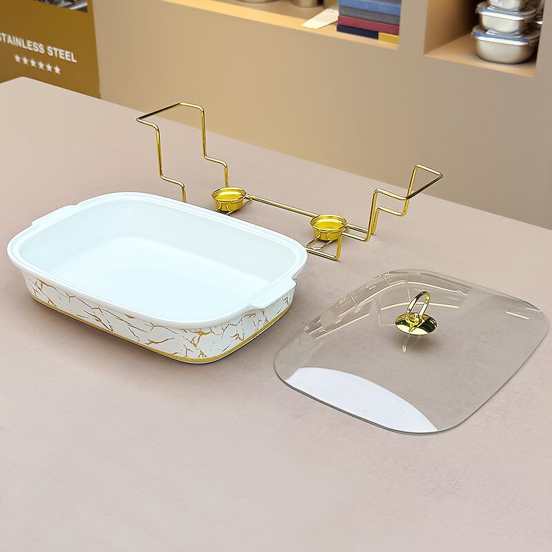 Chafing Dish Manufacturer - High Quality White Gold Ceramic Alcohol Stove Food Warmer Buffet Serving for Wedding Party