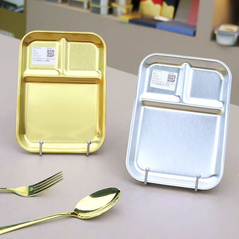 Meal Snack Tray Manufacturer - Stainless Steel Food Container Divided Gold 3 Compartment
