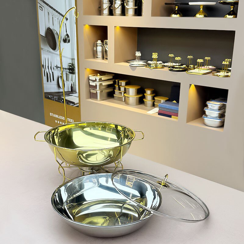 Chafing Dish Manufacturer - Luxury Golden Round with Glass Cover Buffet Food Warmer for Catering Parties Soup Pot