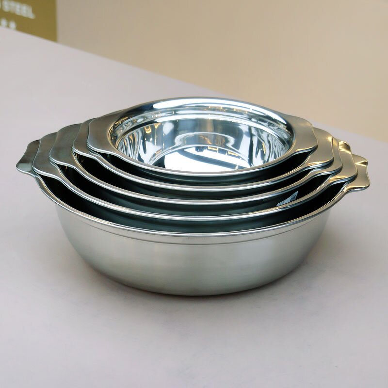 Serving Bowl Manufacturer - With Double Handle Stainless Steel Durable Round Pan Metal Tableware Polishing Food Silver Bowl