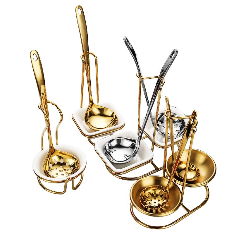 Buffet Serving Set Manufacturer - 5 Star Luxury Restaurant Stainless Steel Standing Soup Ladle Food Clip With Ceramic Bowl Table Spoon Rack