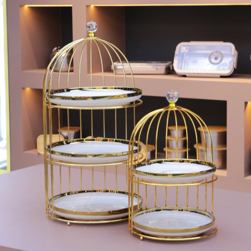 Dessert Stand Manufacturer - Golden Bird Cage Cake Serving Display Restaurant Hangable Bread Pastry Rack Diamond Cupcake
