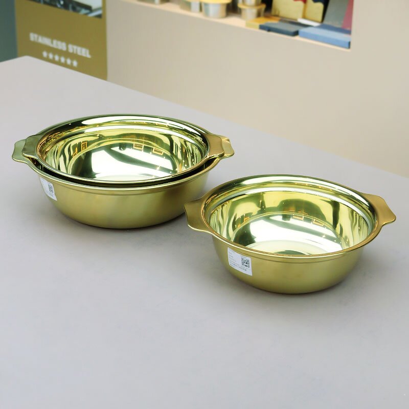 Serving Bowl Manufacturer - With Double Handle Stainless Steel Durable Round Pan Metal Tableware Polishing Food Silver Bowl