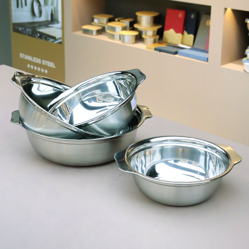 Serving Bowl Manufacturer - With Double Handle Stainless Steel Durable Round Pan Metal Tableware Polishing Food Silver Bowl