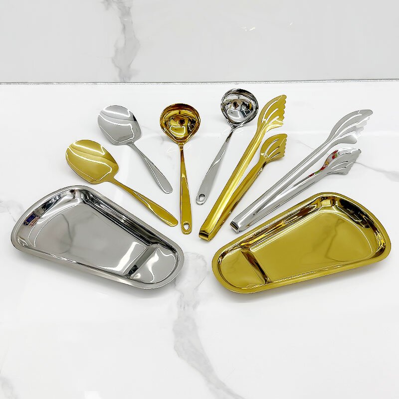 Buffet Serving Set Manufacturer - 5 Star Luxury Restaurant Stainless Steel Standing Soup Ladle Food Clip With Ceramic Bowl Table Spoon Rack