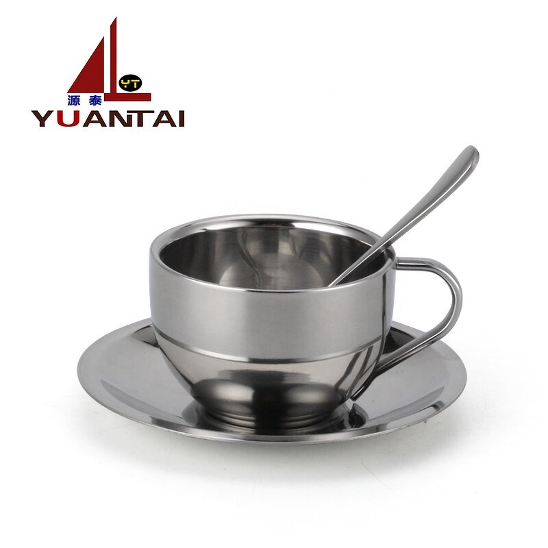 Coffee Mugs Manufacturer - Hot Selling Stainless Steel Double Walled With Spoon and Saucer Tea Cup for Restaurant Cafe