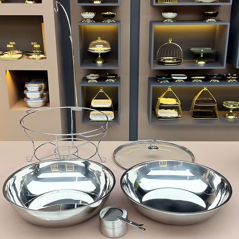 Buffet Food Warmer Manufacturer - Restaurant Equipment 8Litres Golden Stand Catering Party Gold Round 8L Chafing Dish Glass Lid