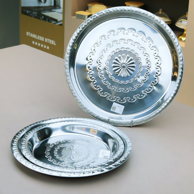 Dinner Plate Manufacturer - Food 30/35/40/45/50/55/60/65/70cm Cheap Round Stainless Steel Serving Tray Metal Dish