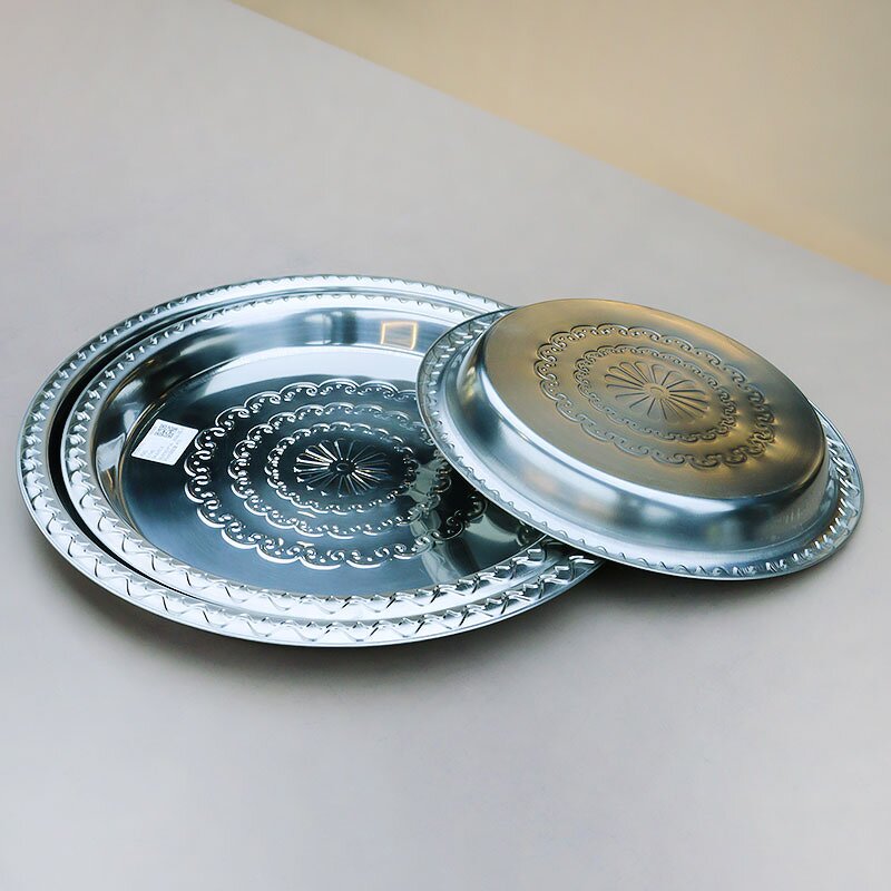 Dinner Plate Manufacturer - Food 30/35/40/45/50/55/60/65/70cm Cheap Round Stainless Steel Serving Tray Metal Dish