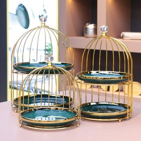 Dessert Stand Manufacturer - Golden Bird Cage Cake Serving Display Restaurant Hangable Bread Pastry Rack Diamond Cupcake