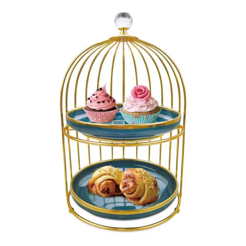 Dessert Stand Manufacturer - Golden Bird Cage Cake Serving Display Restaurant Hangable Bread Pastry Rack Diamond Cupcake