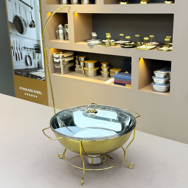 Chafing Dish Manufacturer - Luxury Golden Round with Glass Cover Buffet Food Warmer for Catering Parties Soup Pot