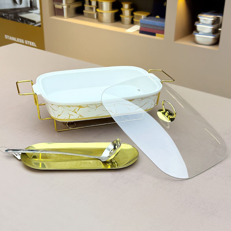 Chafing Dish Manufacturer - High Quality White Gold Ceramic Alcohol Stove Food Warmer Buffet Serving for Wedding Party