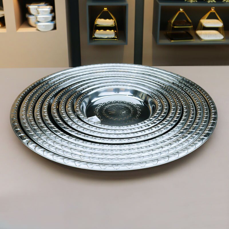 Dinner Plate Manufacturer - Food 30/35/40/45/50/55/60/65/70cm Cheap Round Stainless Steel Serving Tray Metal Dish