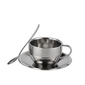 Coffee Mugs Manufacturer - Hot Selling Stainless Steel Double Walled With Spoon and Saucer Tea Cup for Restaurant Cafe