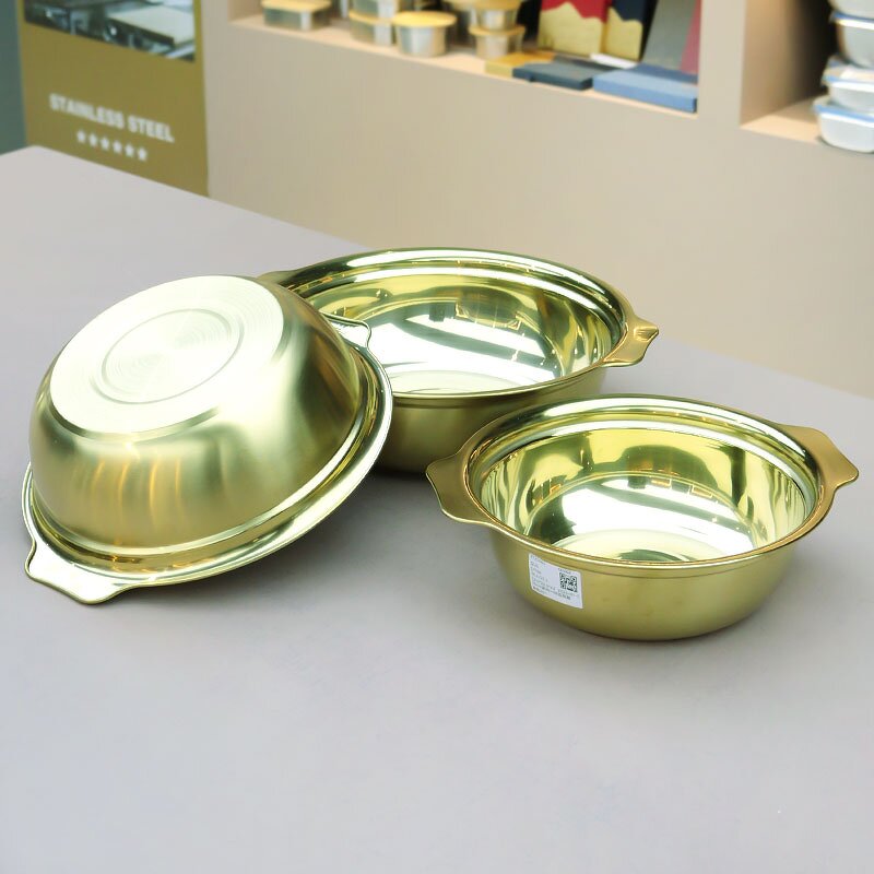 Serving Bowl Manufacturer - With Double Handle Stainless Steel Durable Round Pan Metal Tableware Polishing Food Silver Bowl