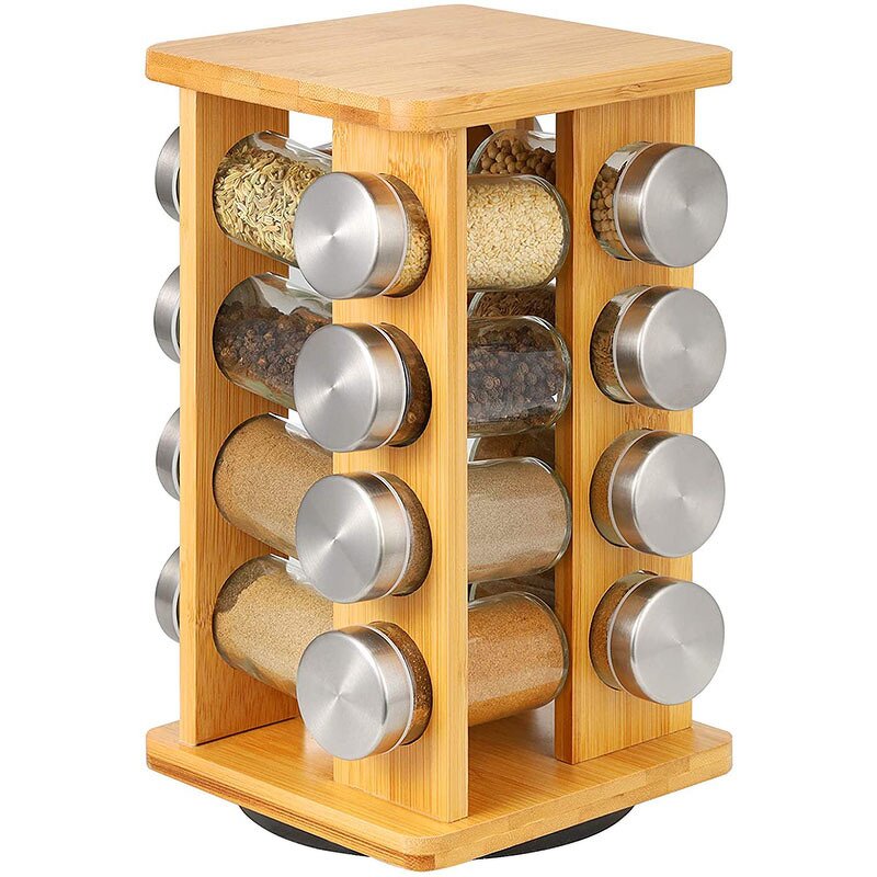 Spice Storage Rack Manufacturer - Wholesale Kitchen Desktop Multifunctional Jars Organizer 4 Tiers 16 Cans Bamboo Rotating