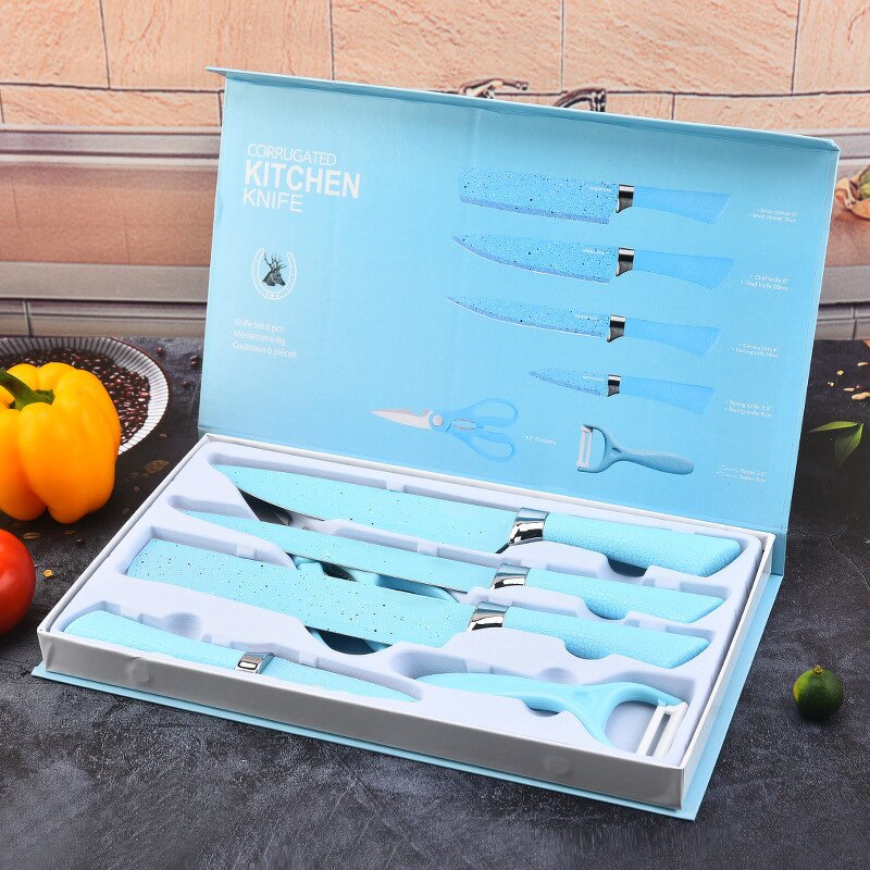Kitchen Knife Set Manufacturer - Fashionable Blue Spray Stainless Steel Six Pieces Business Gift Combination