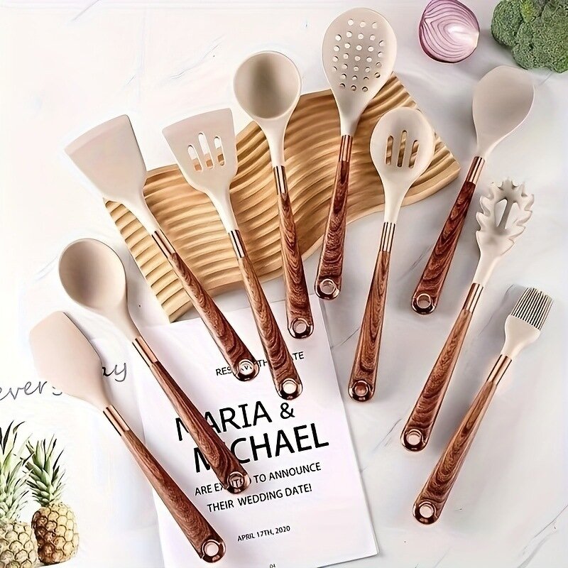 Kitchen Utensils Set Manufacturer - 11 Pieces Non Stick Kitchenware Cookware Premium Cooking Wooden Silicone with Wooden Handle