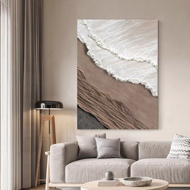 Acrylic Painting Manufacturer - Handmade Abstract Brown White Beach Ocean Seascape Scenery Canvas Art 3D Texture for Wall Decoration