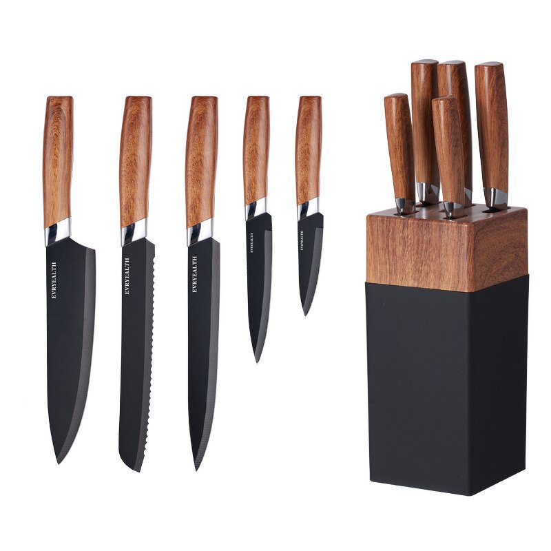 Knife Set Manufacturer - Kitchen Wood Grain Handle Steel 6-piece Meal Stainless Steel with Holder Bracket