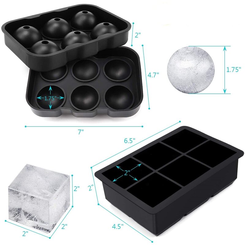 Ice Cube Tray Manufacturer - 2 Inch Hot Sale 6 Trays Silicone Ice Maker square and Sphere Shape for bar and Home