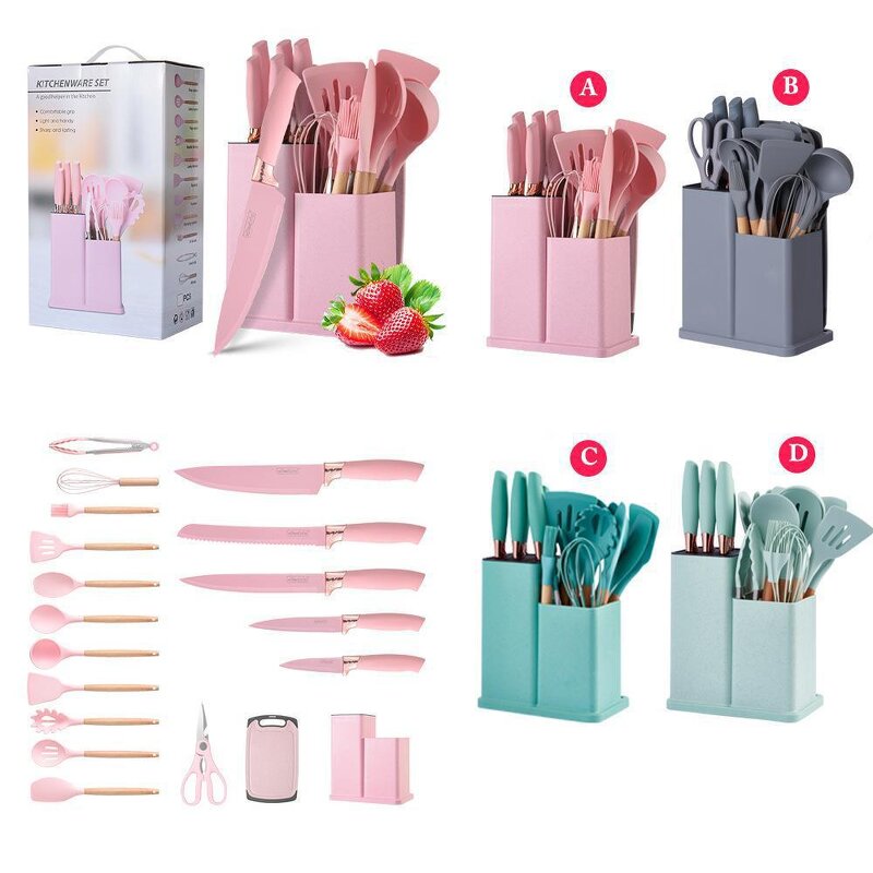 Kitchen Utensil Sets Manufacturer - Oem 19pcs Wood Handle Silicone Utensils with Storage Holder