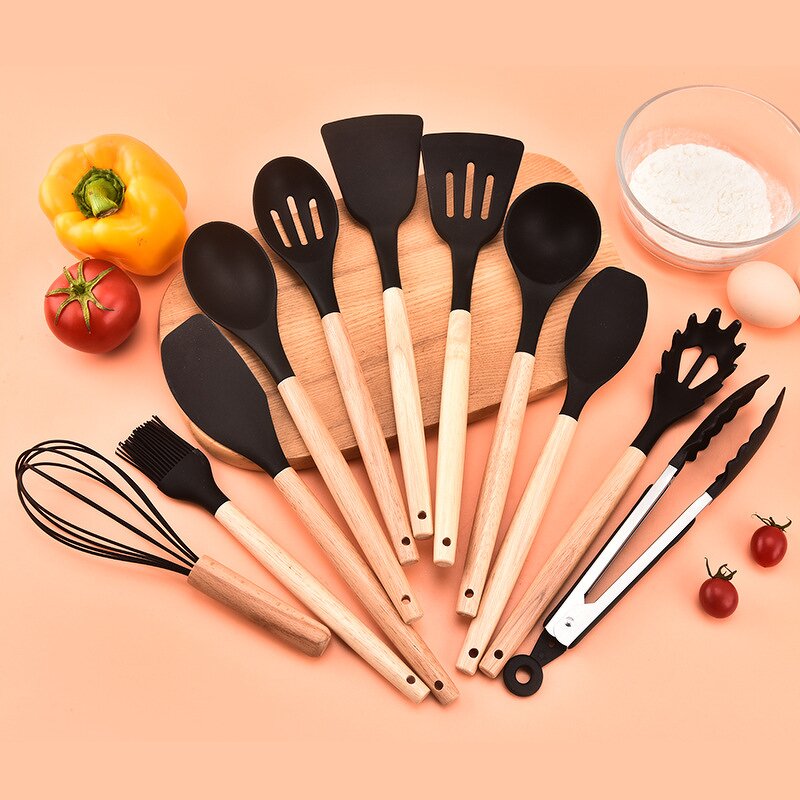 Cooking Tools Set Manufacturer - Custom 12 Pcs Set Silicone Kitchenware Accessories Spatula Stirring Kitchen Utensils Wooden Handle
