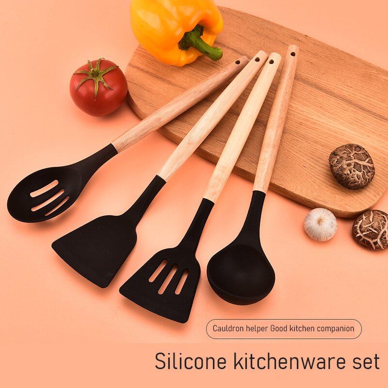 Cooking Tools Set Manufacturer - Custom 12 Pcs Set Silicone Kitchenware Accessories Spatula Stirring Kitchen Utensils Wooden Handle