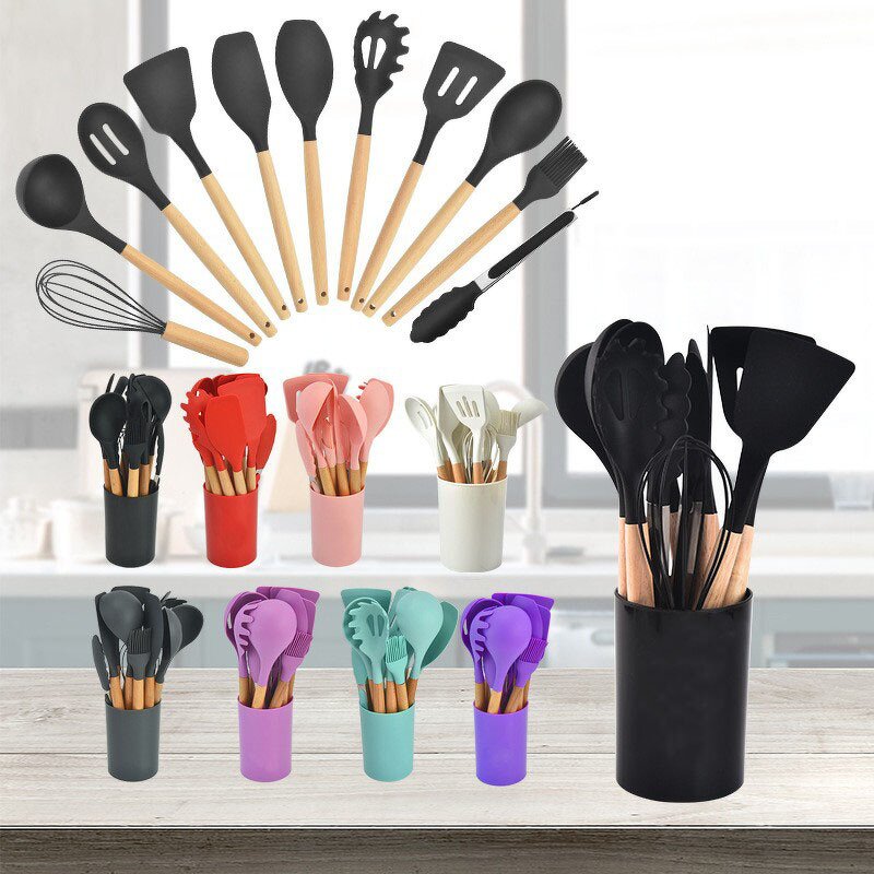 Cooking Tools Set Manufacturer - Custom 12 Pcs Set Silicone Kitchenware Accessories Spatula Stirring Kitchen Utensils Wooden Handle