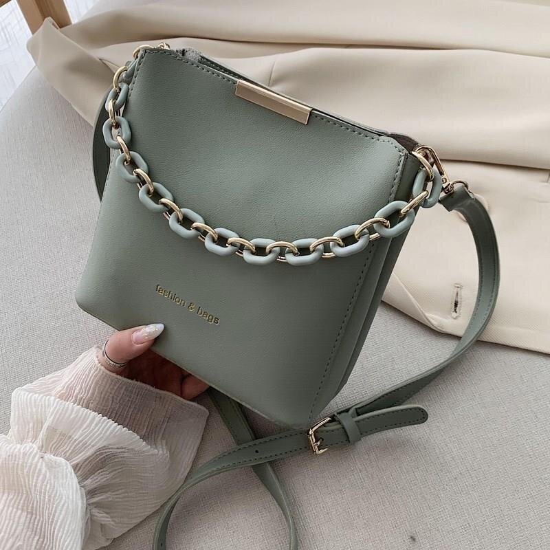 Shoulder Bag Manufacturer - Fashion Women PU Solid Color Cross Body Ladies with Chain New Arrival Portable Drawstring Bucket