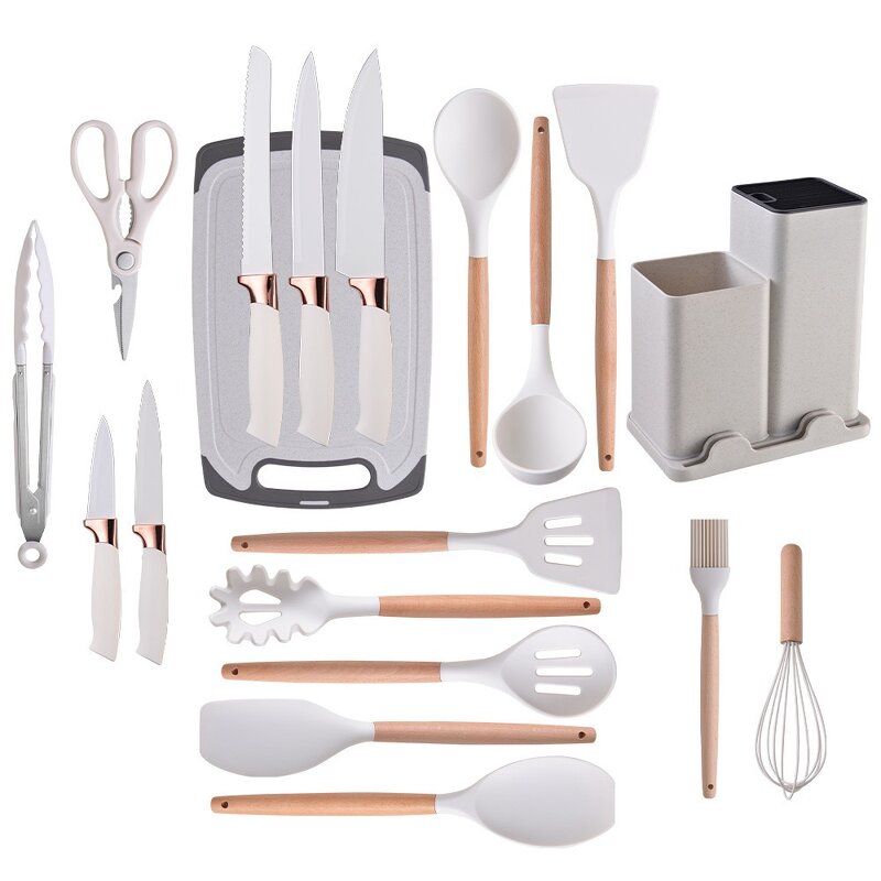 Kitchen Utensil Sets Manufacturer - Oem 19pcs Wood Handle Silicone Utensils with Storage Holder