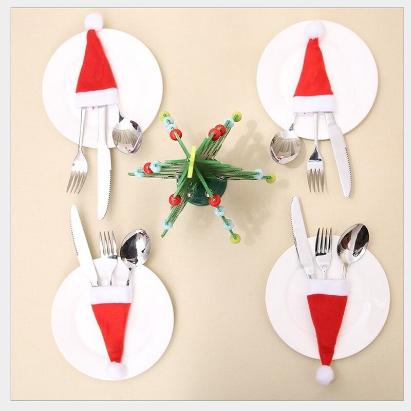 Christmas Hats Manufacturer - Wholesale Red Santa Tableware Knife Fork Set Holder Pocket Bag Party Dinner Wine Bottle Hat