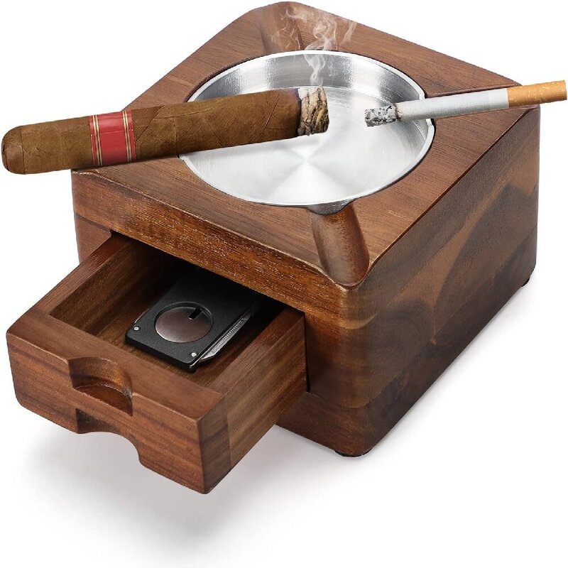 Cigar Ashtray Manufacturer - Combohome Personalized Gifts for Men Square 4 Slots Wooden with Accessories Drawer