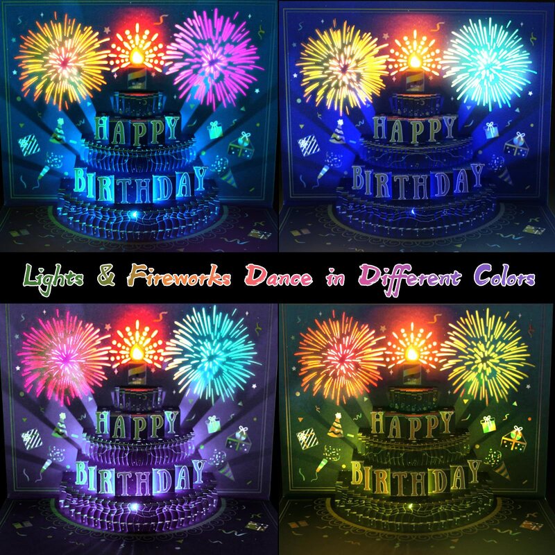 Birthday Card Manufacturer - Happy Fireworks Cake 3D Pop up Gift with Envelope 3d Greeting for Women Men Kids