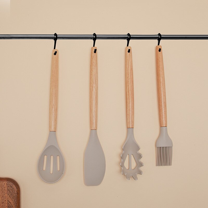 Kitchen Utensil Set Manufacturer - 12pcs in 1 Set Wooden Handle Kitchenware Non Stick Accessories Silicone Cooking with Holder Box