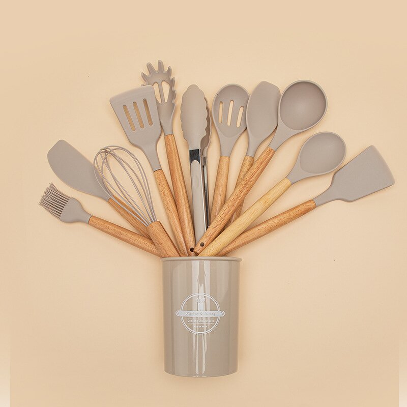 Kitchen Utensil Set Manufacturer - 12pcs in 1 Set Wooden Handle Kitchenware Non Stick Accessories Silicone Cooking with Holder Box