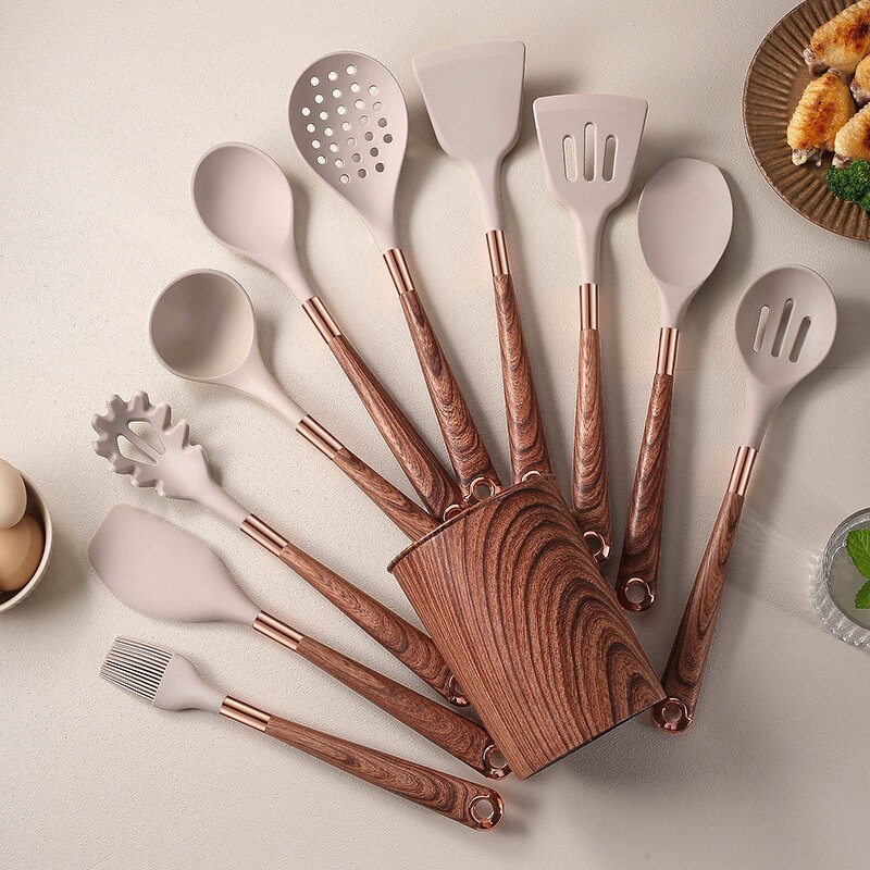 Kitchen Utensils Set Manufacturer - 11 Pieces Non Stick Kitchenware Cookware Premium Cooking Wooden Silicone with Wooden Handle
