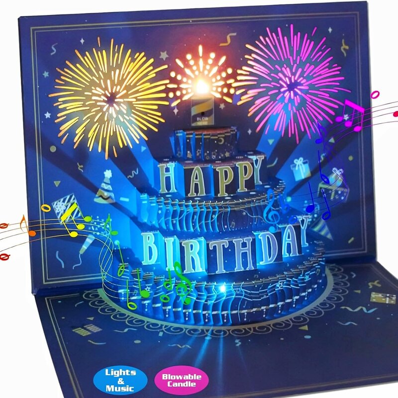 Birthday Card Manufacturer - Happy Fireworks Cake 3D Pop up Gift with Envelope 3d Greeting for Women Men Kids