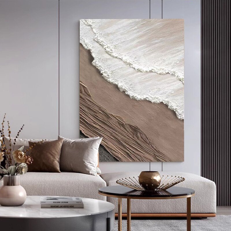 Acrylic Painting Manufacturer - Handmade Abstract Brown White Beach Ocean Seascape Scenery Canvas Art 3D Texture for Wall Decoration