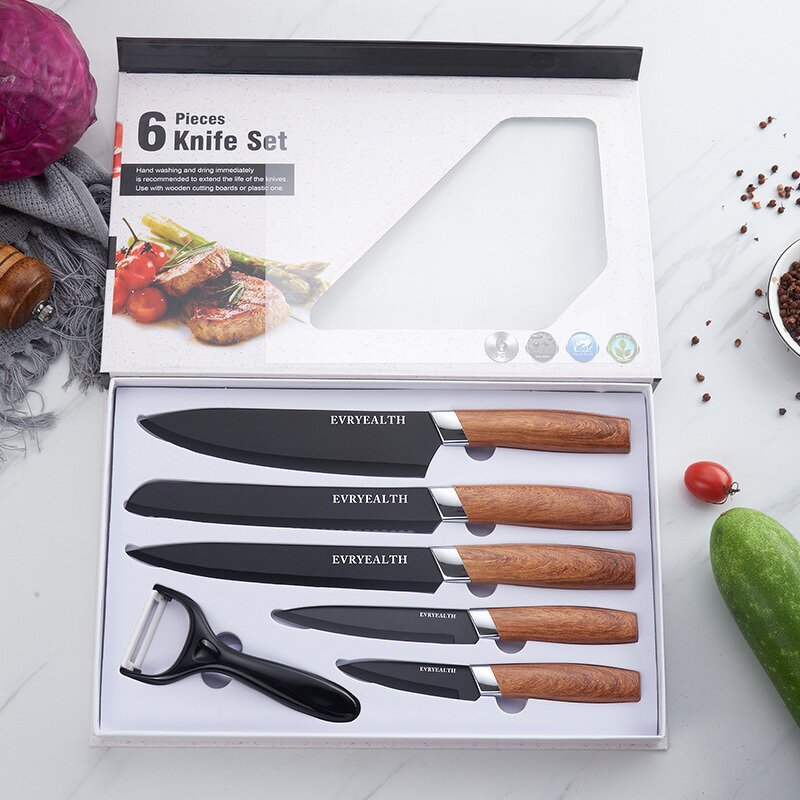 Knife Set Manufacturer - Kitchen Wood Grain Handle Steel 6-piece Meal Stainless Steel with Holder Bracket