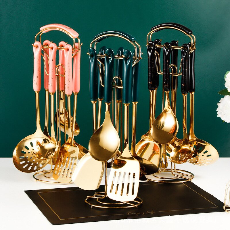 Kitchen Utensils Set Manufacturer - Ceramic Handle 7pcs Stainless Steel Cooking Kitchenware