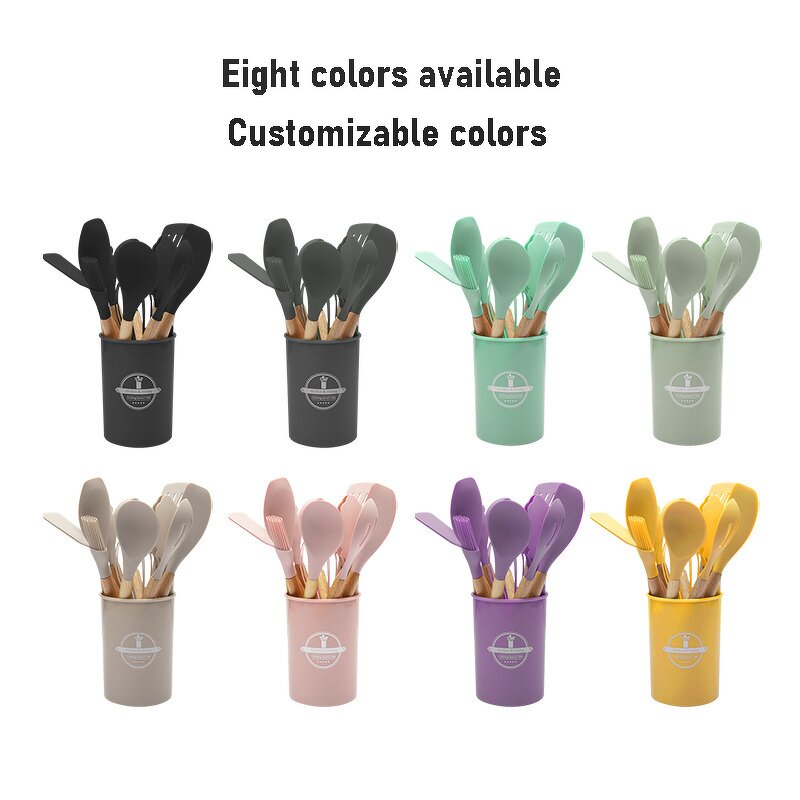 Kitchen Utensil Set Manufacturer - 12pcs in 1 Set Wooden Handle Kitchenware Non Stick Accessories Silicone Cooking with Holder Box