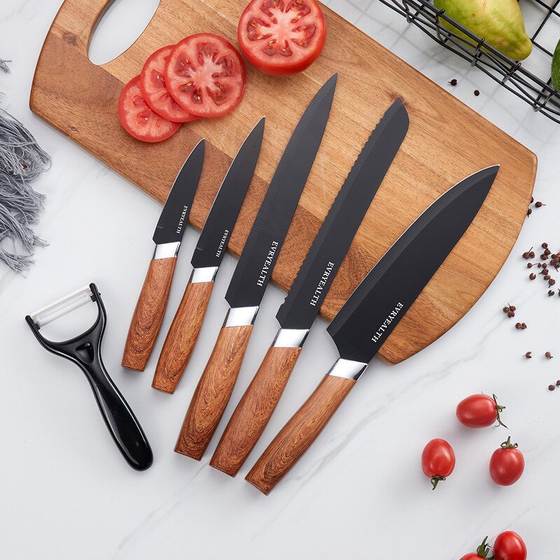 Knife Set Manufacturer - Kitchen Wood Grain Handle Steel 6-piece Meal Stainless Steel with Holder Bracket