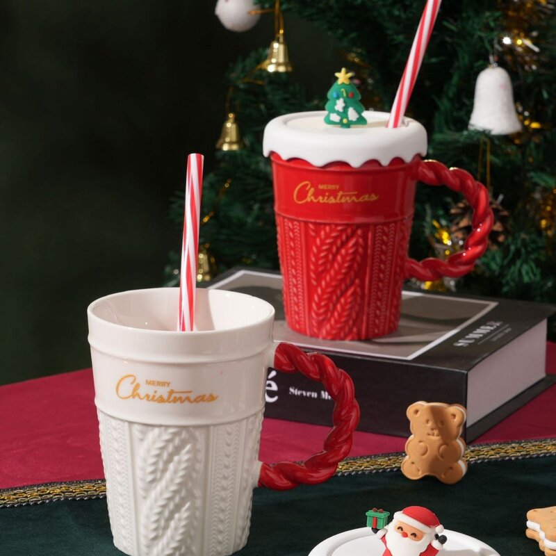Ceramic Cups Manufacturer - Classic Christmas Party Souvenir Gift Santa Tree Design With Lid 400ml Coffee Mugs