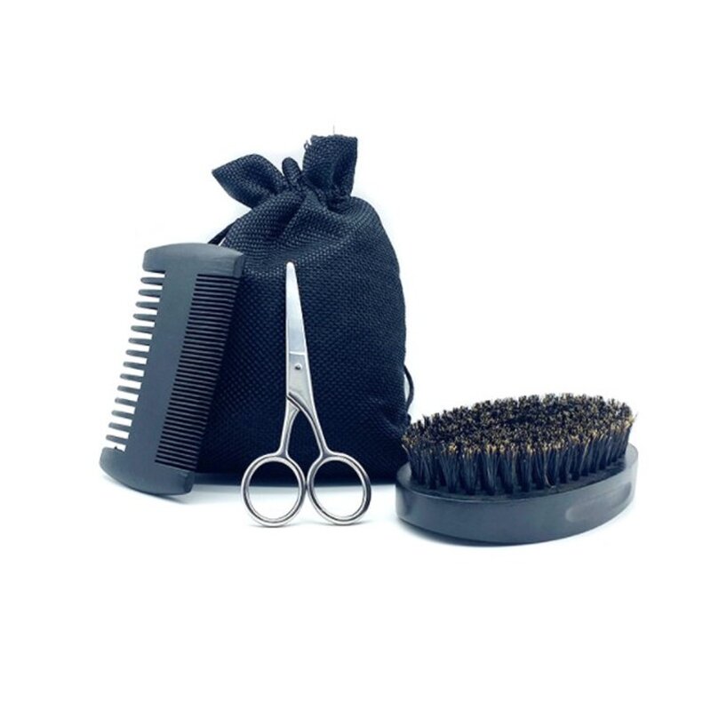 Beard Grooming Kit Manufacturer - Wholesale Custom logo Men Beard Care Set Black Bag Boar Bristle Beard Brush Wooden Comb with Scissor