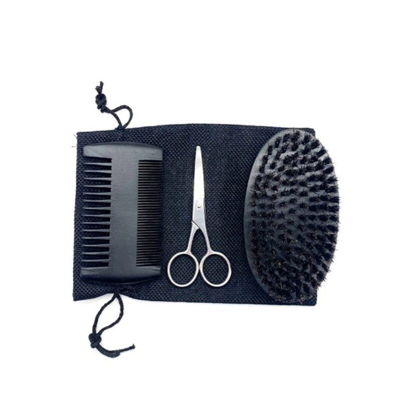Beard Grooming Kit Manufacturer - Wholesale Custom logo Men Beard Care Set Black Bag Boar Bristle Beard Brush Wooden Comb with Scissor