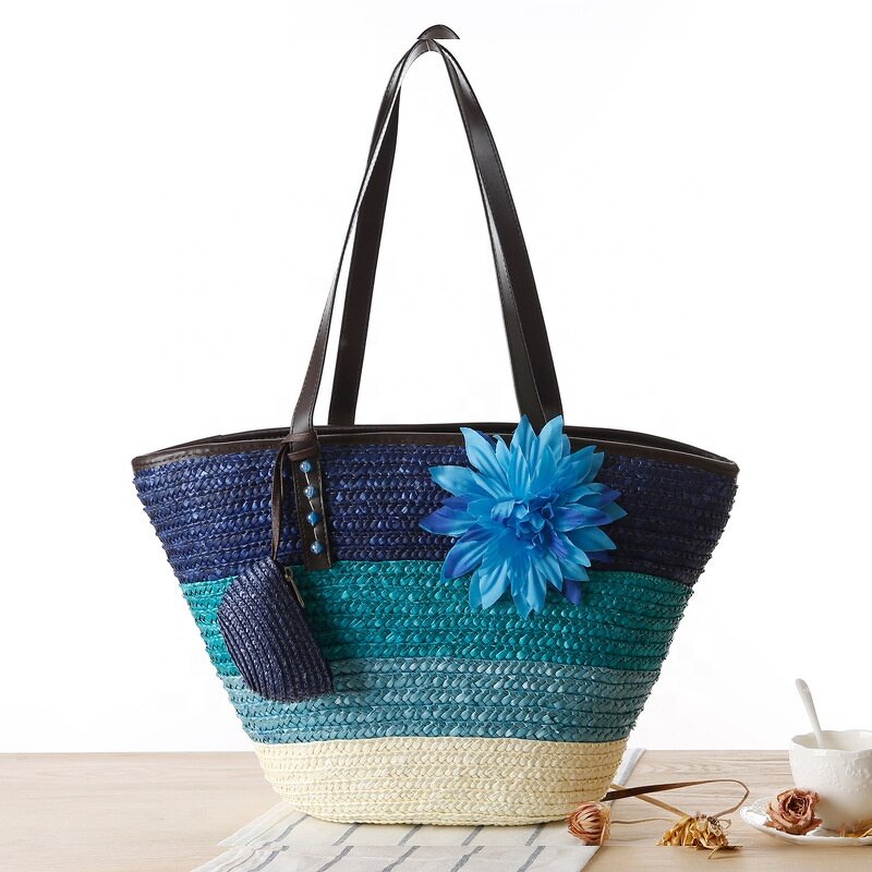 Straw Bags Manufacturer - 2022 New Color Fashion Striped Flowers Beach Women Handbags