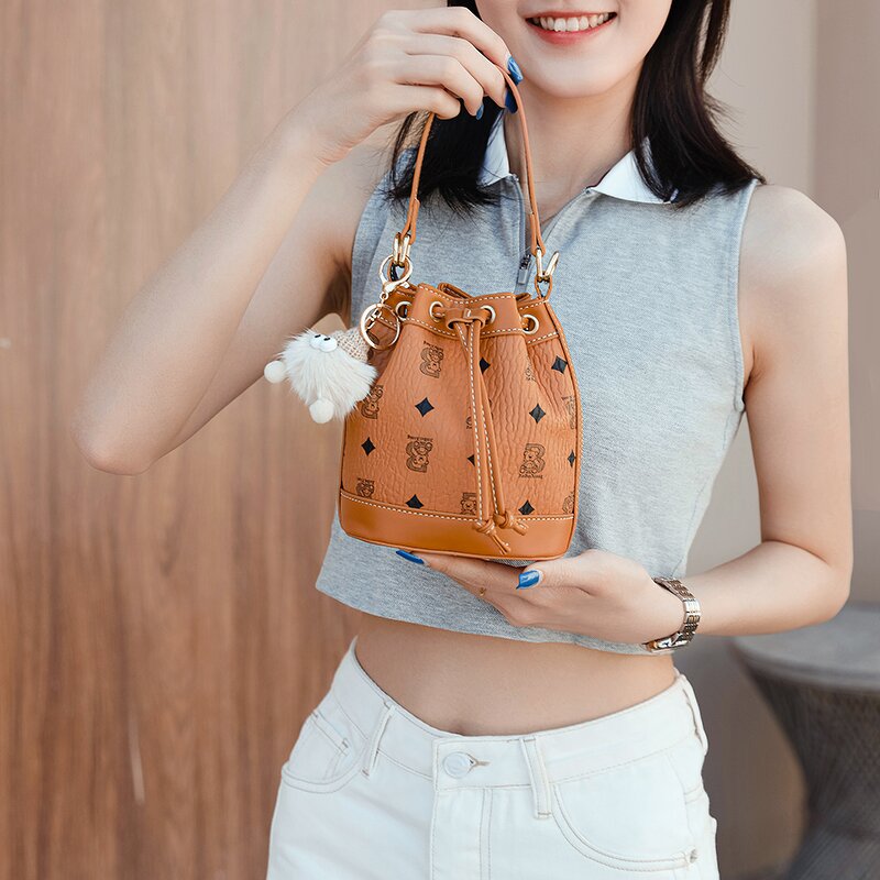 Crossbody Bucket Bag Manufacturer - Women's Printed Hand-held Fashion Barrel-Shaped Single Portable with Open Closure and Polyester Lining