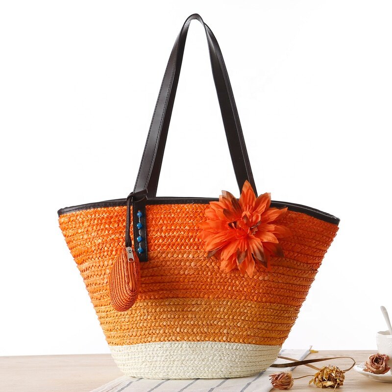 Straw Bags Manufacturer - 2022 New Color Fashion Striped Flowers Beach Women Handbags